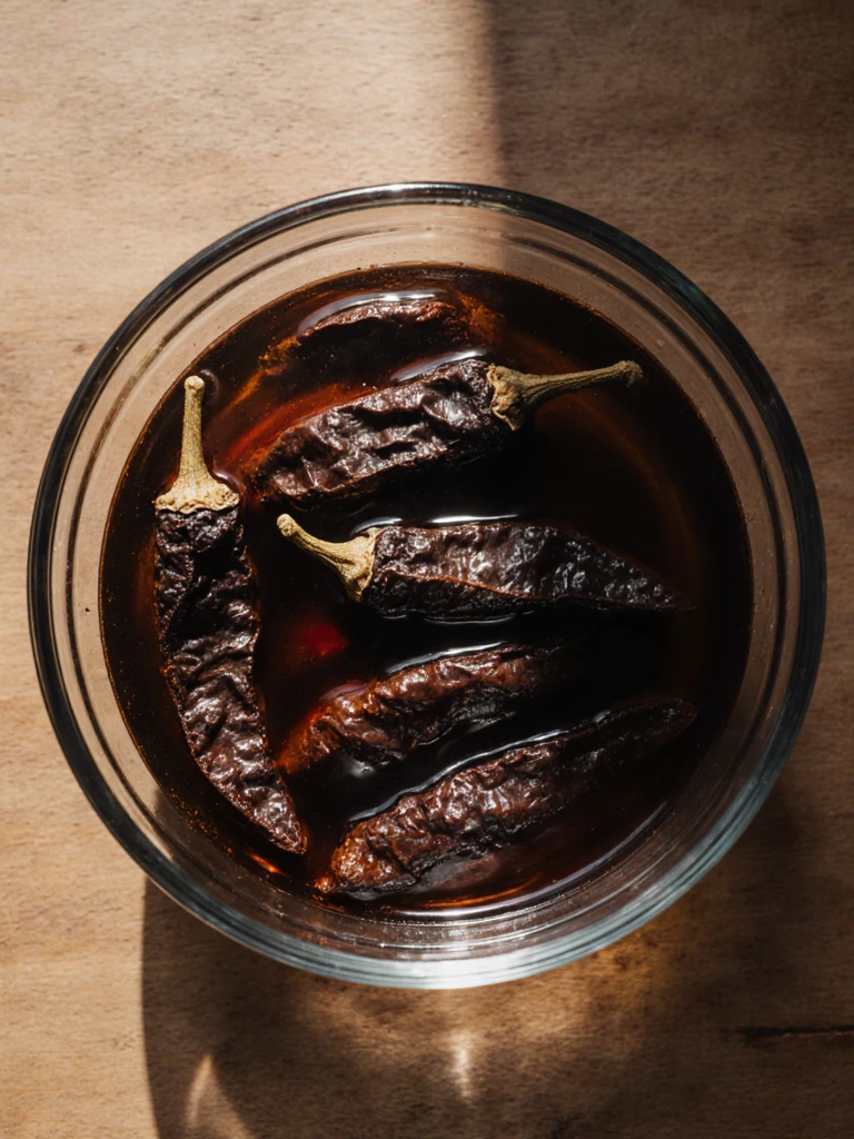 Dried ancho and guajillo chiles soaking in hot water in a glass bowl, overhead close-up