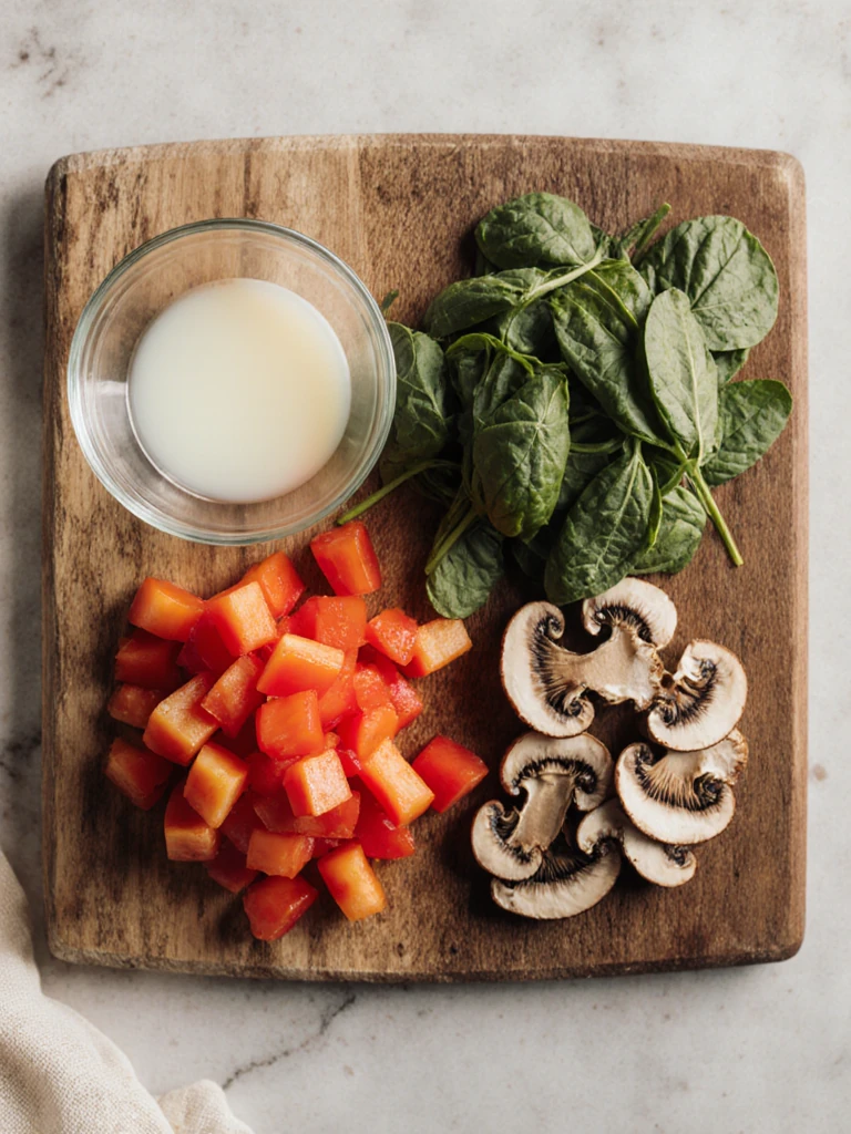 Diced red bell pepper, sliced mushrooms, and baby spinach arranged on a wooden cutting board beside a small bowl of egg whites