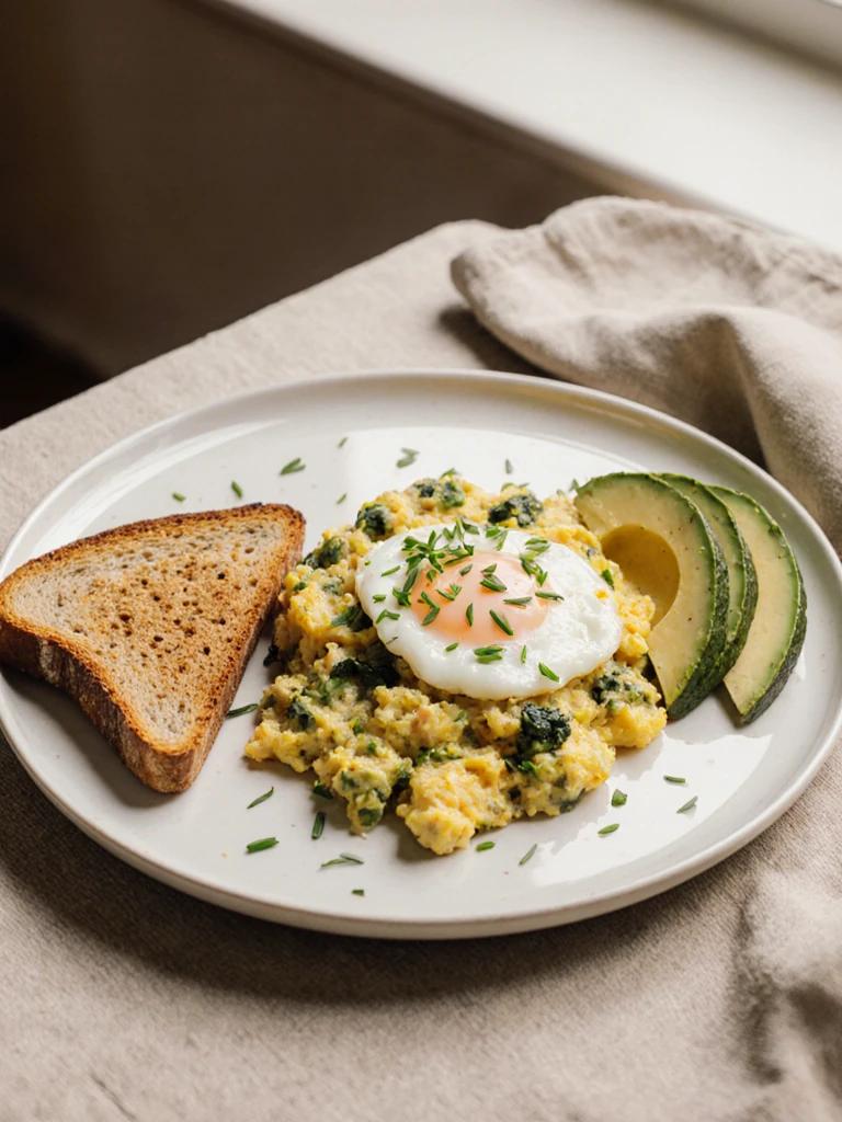 Plated egg white and vegetable scramble on a white plate with avocado slices and whole grain toast on the side