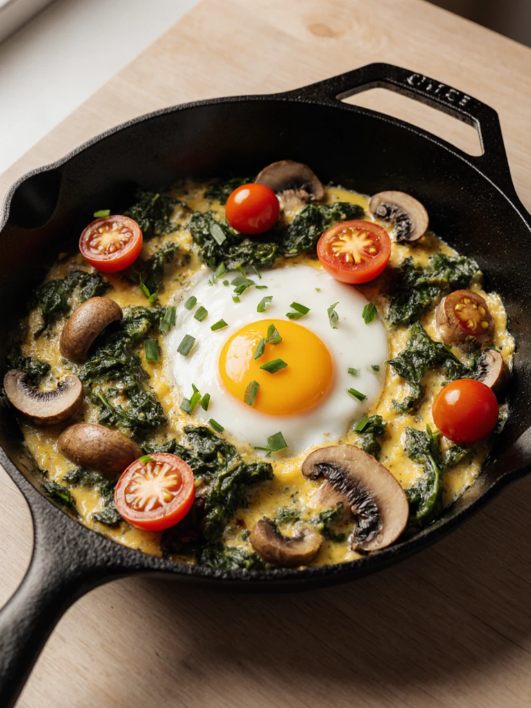 Egg white vegetable scramble with spinach, cherry tomatoes, and mushrooms in a black skillet on a stovetop