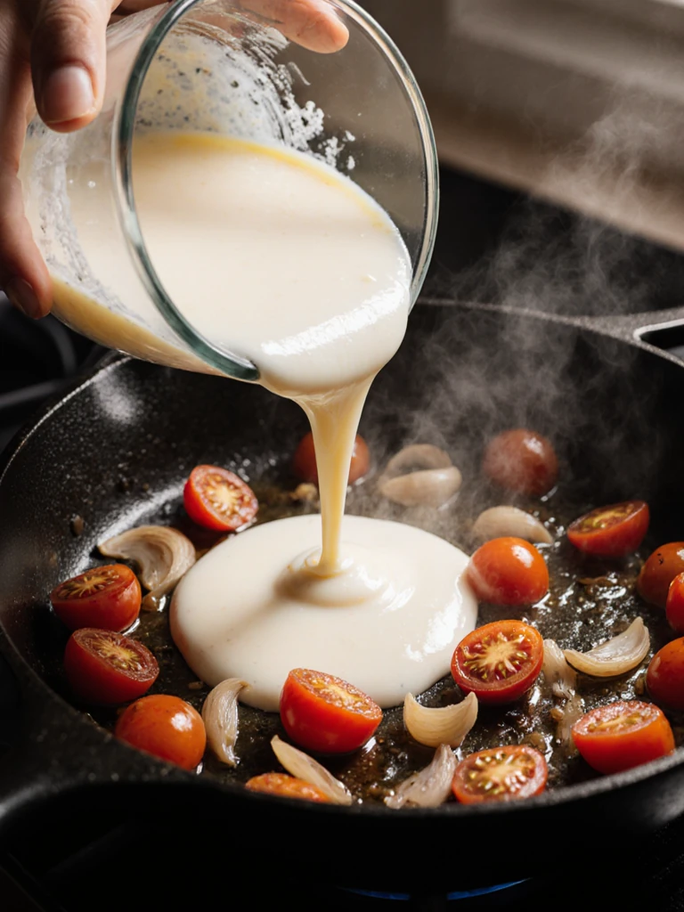 Egg white mixture poured into a skillet over sautéed tomatoes, edges beginning to set while centre remains liquid