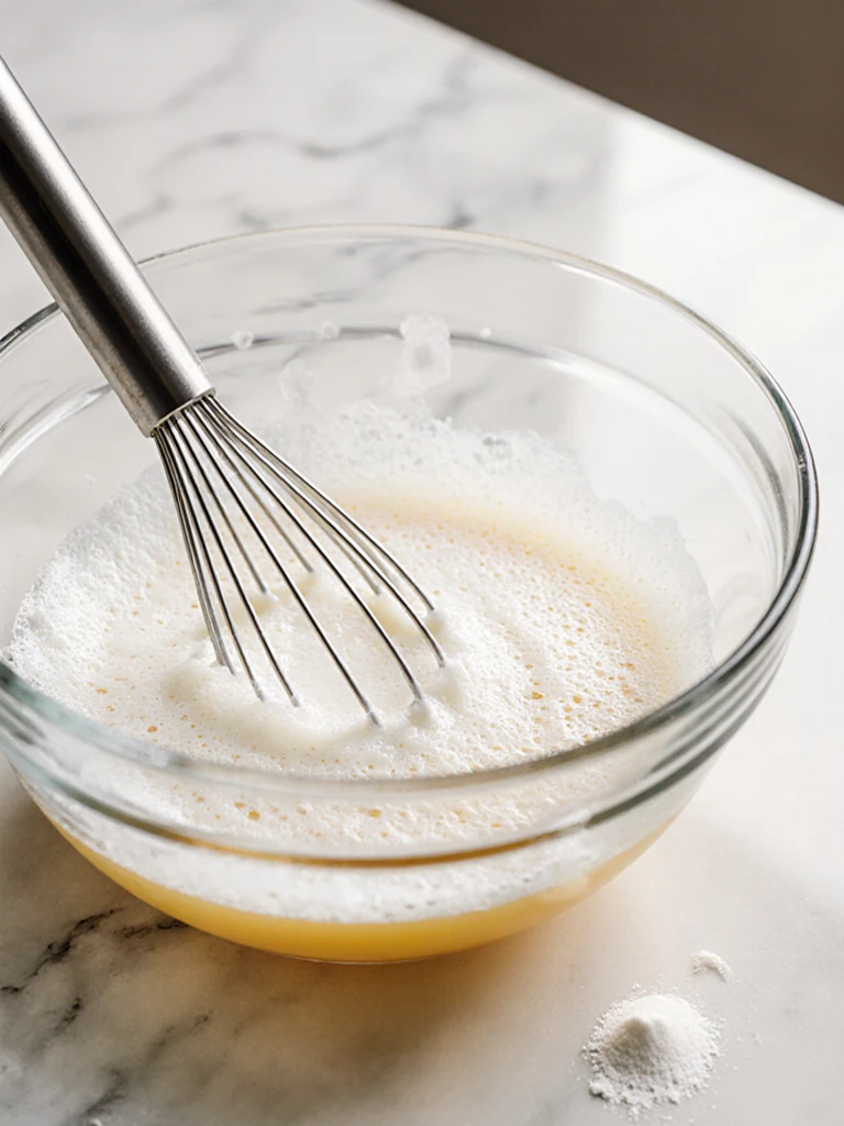 Egg whites being vigorously whisked in a glass bowl until slightly foamy with cream of tartar, salt, and black pepper