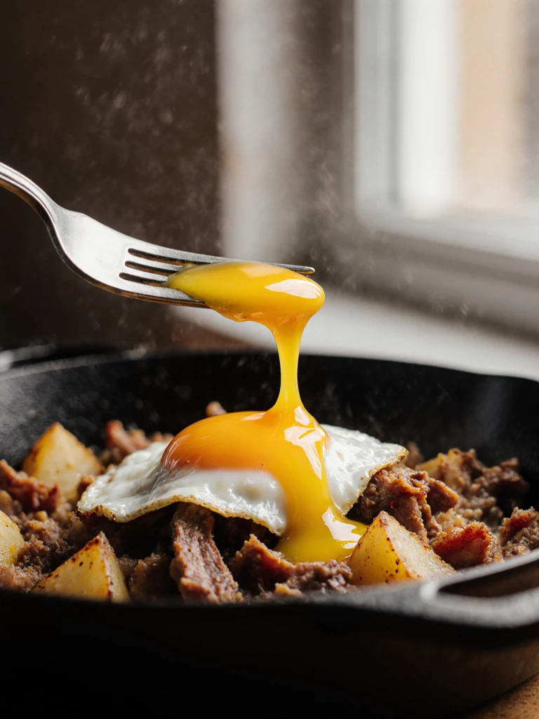 Runny yolk breaking over smoked brisket hash in a cast iron skillet, close-up golden drip shot
