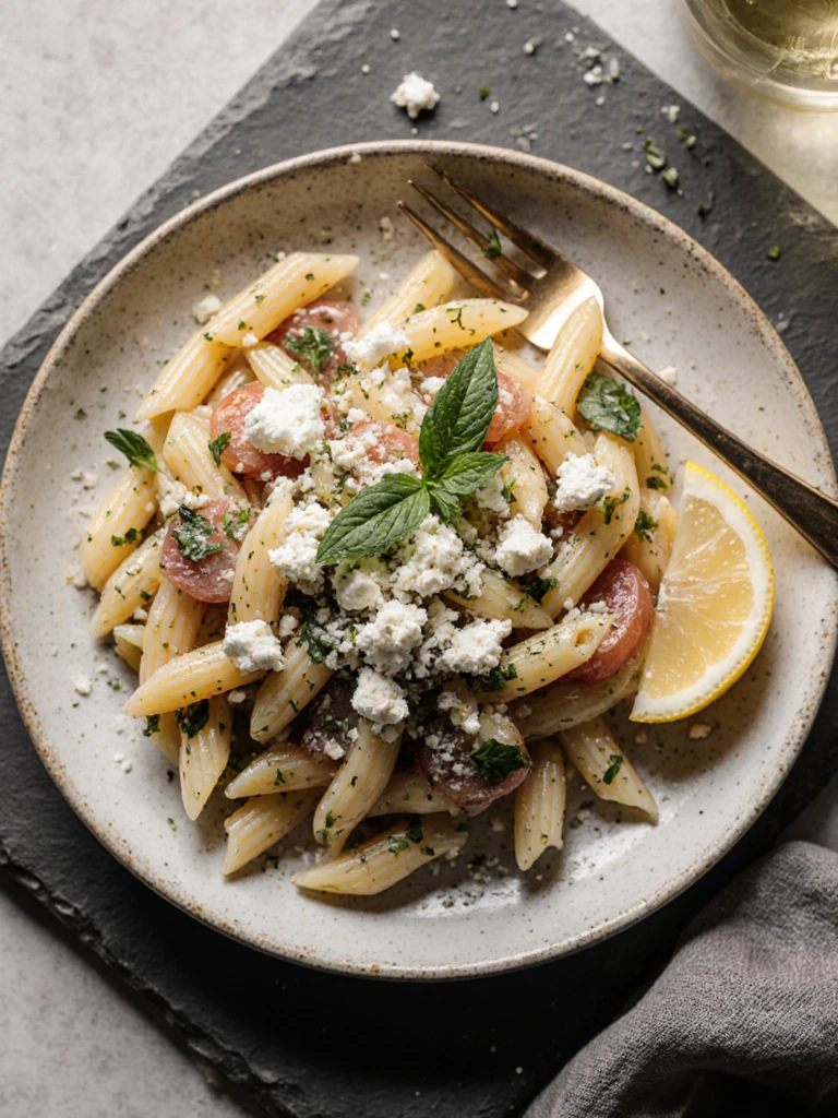 Plated serving of Greek pasta salad garnished with fresh oregano and extra feta on a slate surface with lemon wedge beside