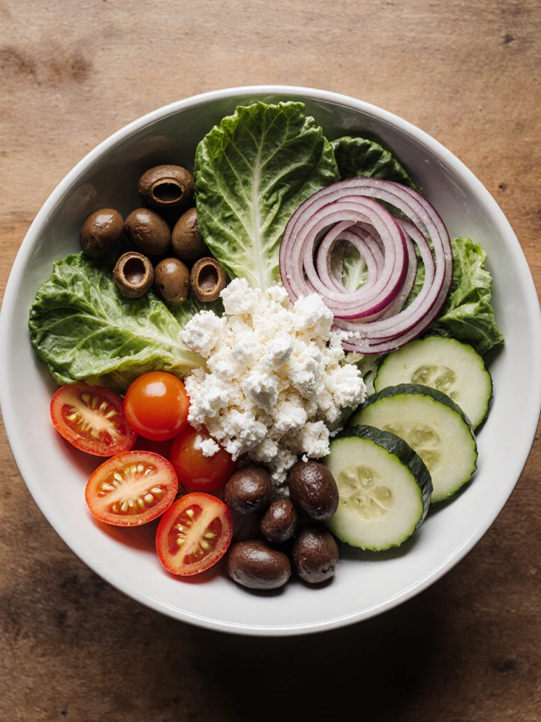 Greek salad components arranged in rows in a wide bowl before tossing, showing cucumber, tomatoes, olives, red onion, and feta