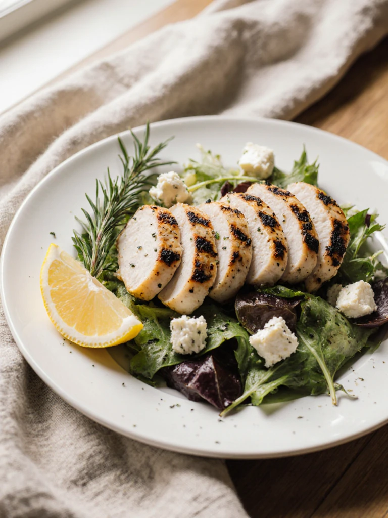 Sliced grilled chicken fanned over a dressed greek salad on a white ceramic plate, lemon wedge on the side
