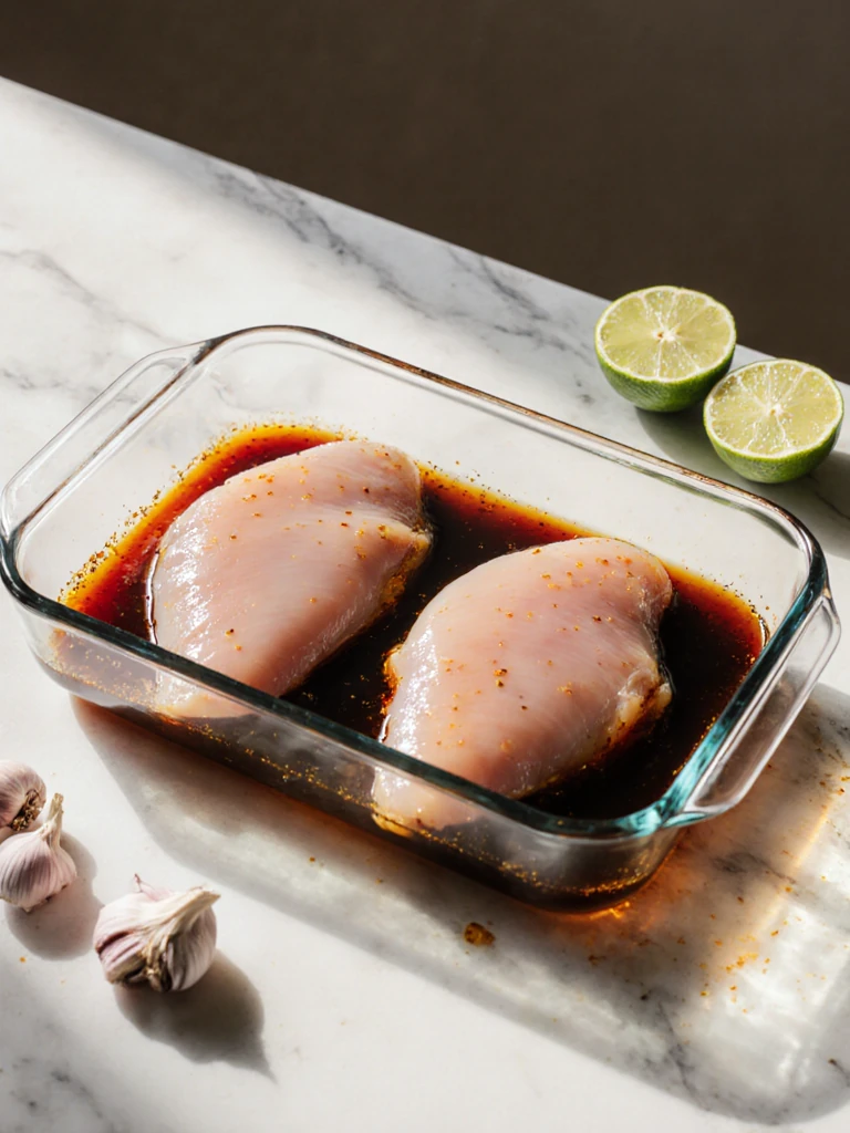 Chicken breast marinating in soy sauce, garlic, and lime juice in a glass dish on a kitchen counter
