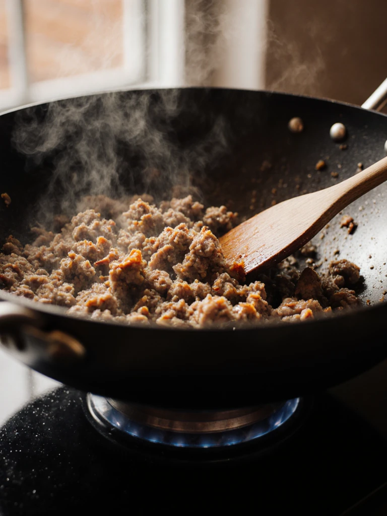 Ground turkey browning in a hot wok, broken into crumbles with visible golden-brown seared edges, wooden spatula mid-stir