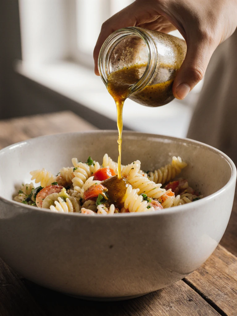 Homemade Italian vinaigrette being poured from a glass jar over tri-color rotini pasta salad in a large white bowl