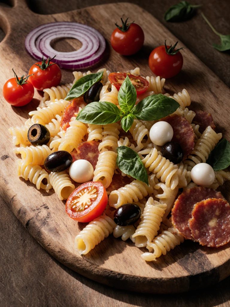 Tri-color rotini pasta salad ingredients spread across a wooden cutting board with cherry tomatoes, olives, red onion, and fresh basil