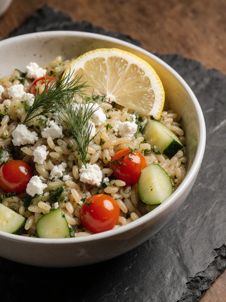 Close-up of lemon herb orzo salad in a shallow bowl topped with crumbled feta, fresh dill fronds, and a lemon wedge on slate