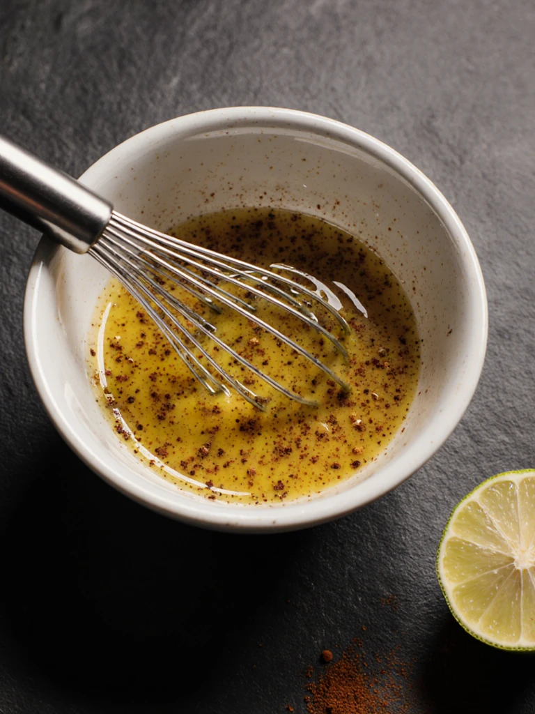 Lime-cumin dressing being whisked in a small bowl with olive oil, lime juice, cumin, smoked paprika, and honey