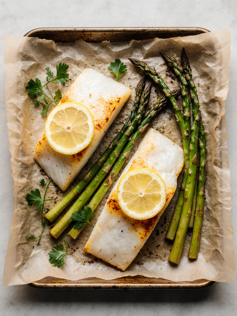 Baked cod with roasted asparagus on a sheet pan, golden edges on the flaky white fish, lemon slices on top