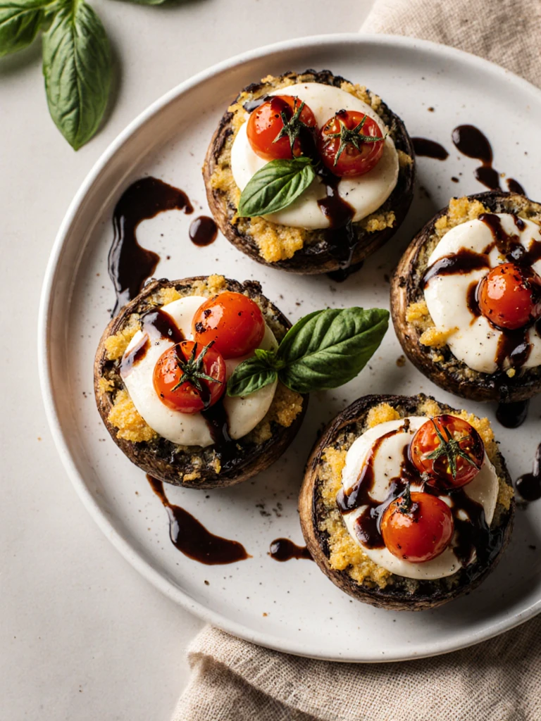 Caprese stuffed portobello mushrooms on a white platter with melted mozzarella, tomatoes, basil, and balsamic glaze