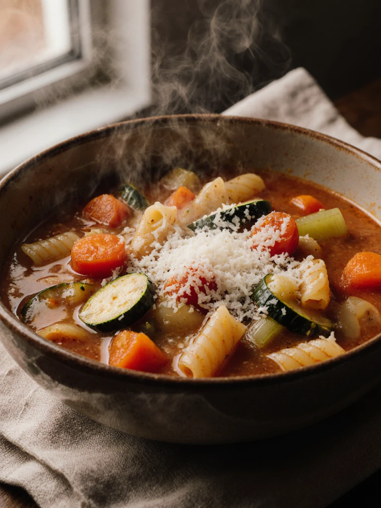 Chunky minestrone soup in a deep bowl with vegetables, pasta, and Parmesan, steam rising