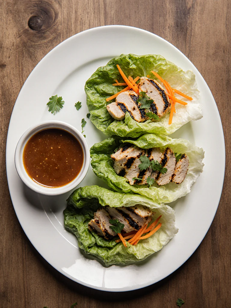Grilled chicken lettuce wraps on a platter with butter lettuce cups, marinated chicken, and dipping sauce