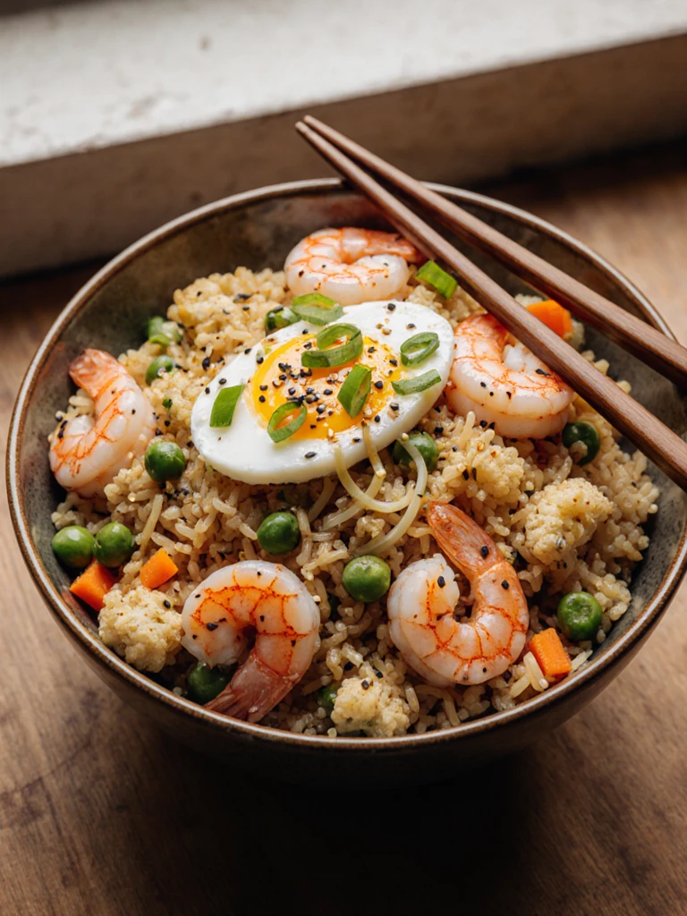 Shrimp cauliflower fried rice in a bowl with peas, carrots, scrambled egg, and sesame seeds, chopsticks resting on top