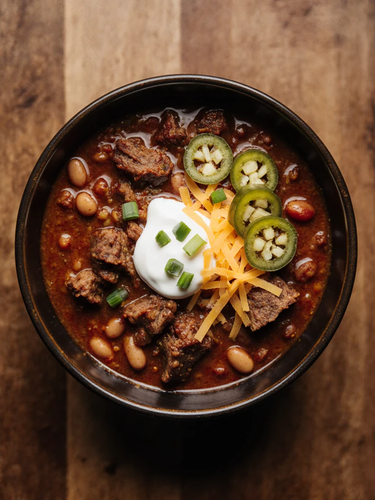 Smoked brisket chili in a dark bowl with kidney beans, topped with sour cream, cheddar, and sliced jalapeños