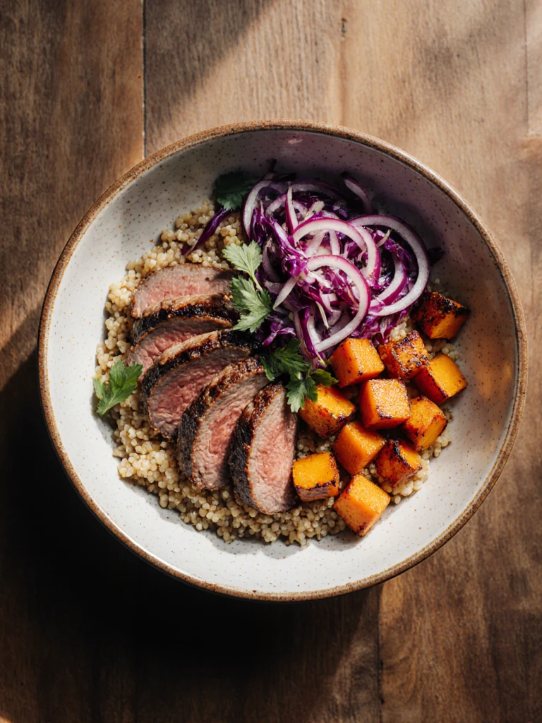 Smoked brisket grain bowl with roasted vegetables, quinoa, pickled onions, and sliced brisket arranged in sections