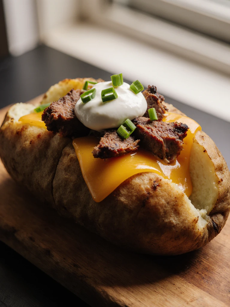Smoked brisket loaded baked potato split open with cheese, sour cream, brisket chunks, and chives on top