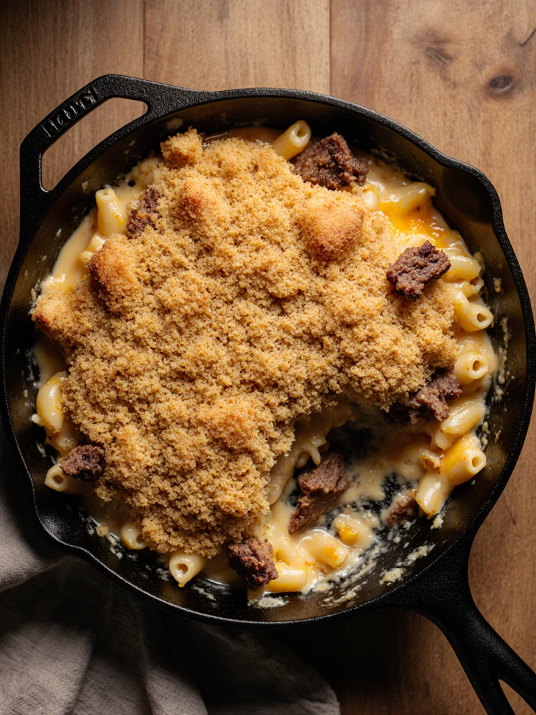 Smoked brisket mac and cheese in a cast iron skillet, golden breadcrumb crust with melted cheddar and brisket visible
