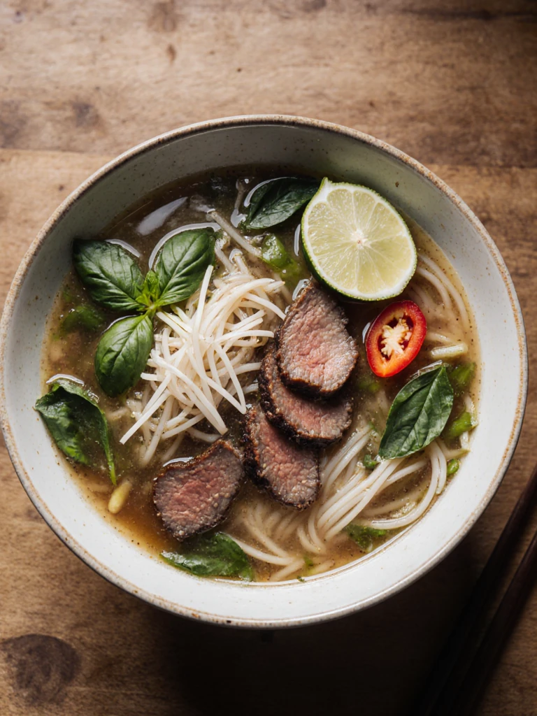 Smoked brisket pho in a large bowl with aromatic star anise broth, herbs, bean sprouts, and brisket slices