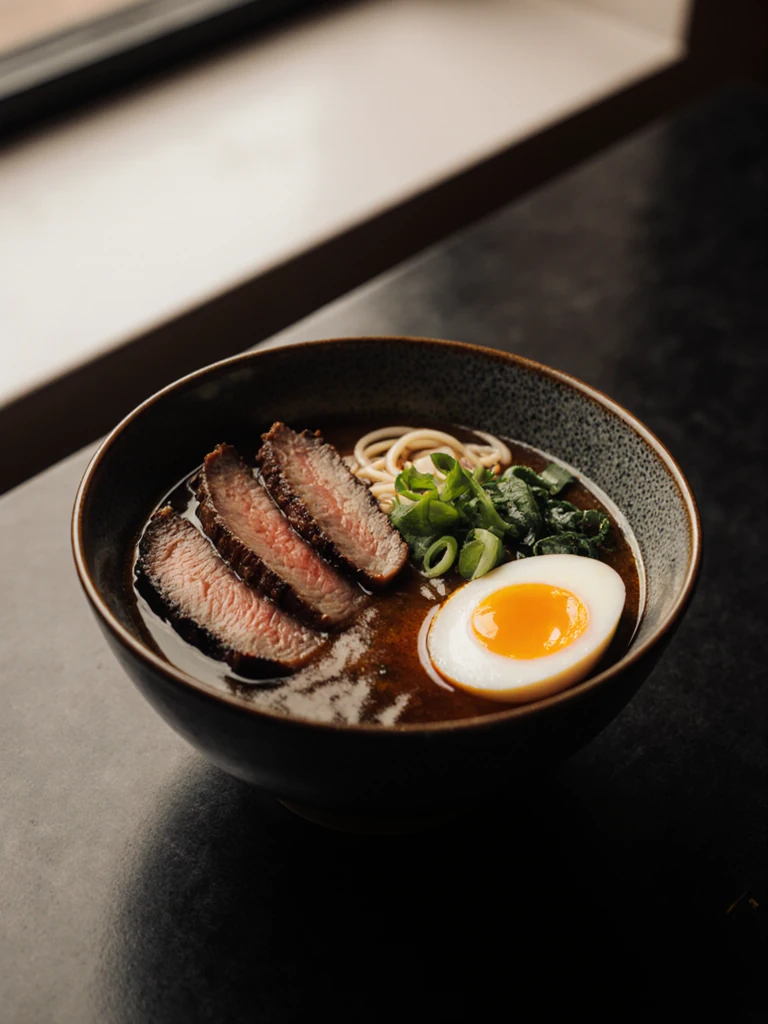 Smoked brisket ramen in a deep bowl with rich dark broth, tender brisket slices, soft-boiled egg, and noodles