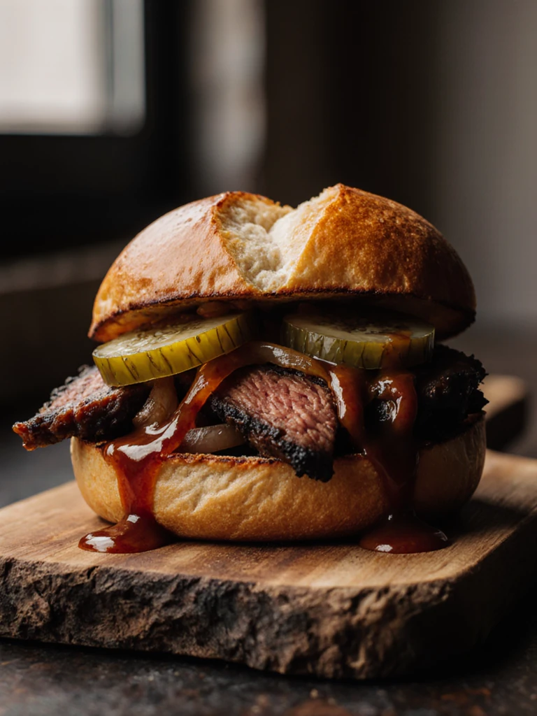 Smoked brisket sandwich on a wooden board with brioche bun, pickles, and barbecue sauce dripping down the sides