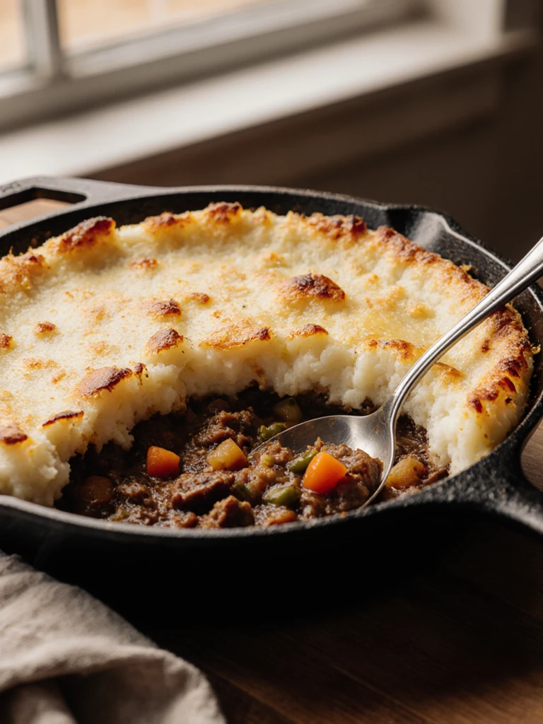 Smoked brisket shepherd's pie in a cast iron skillet with golden mashed potato crust and rich filling visible