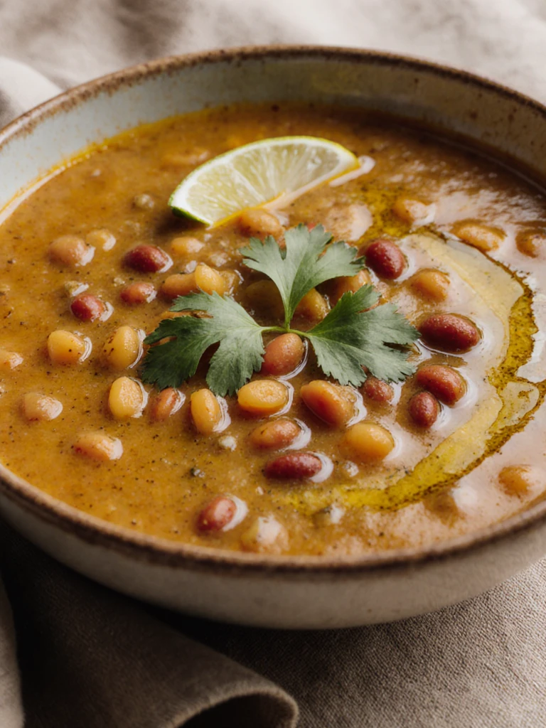 Spiced lentil soup in a deep ceramic bowl with golden turmeric broth, swirl of olive oil, and fresh cilantro
