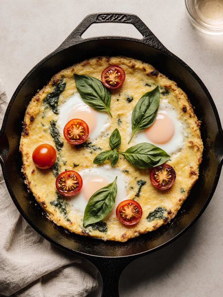 Tomato basil egg white frittata in a cast iron skillet with golden edges, cherry tomatoes, and fresh basil