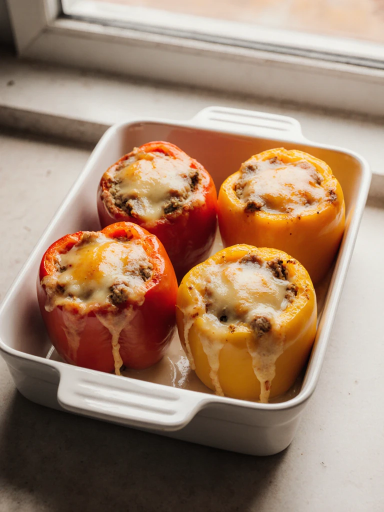 Turkey-stuffed bell peppers with melted cheese in a white ceramic baking dish, fresh from the oven