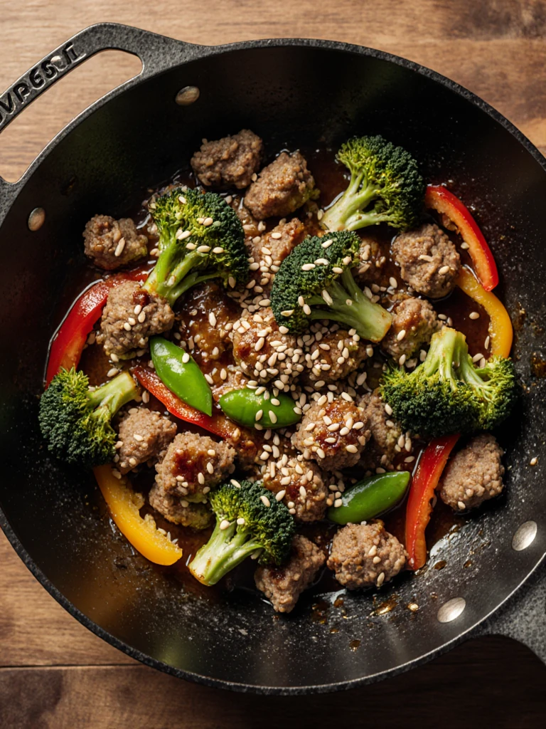 Turkey and vegetable stir-fry in a wok with broccoli, bell peppers, snap peas, and glossy soy-ginger sauce