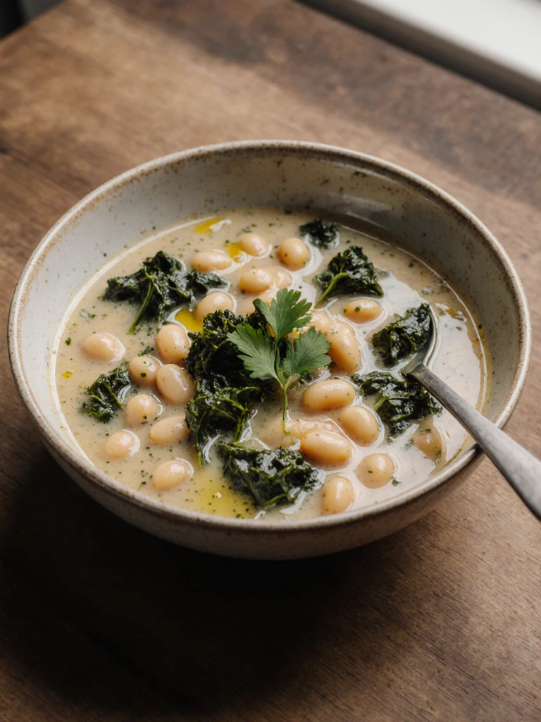 White bean and kale soup in a wide bowl with cannellini beans, dark lacinato kale, and a drizzle of olive oil