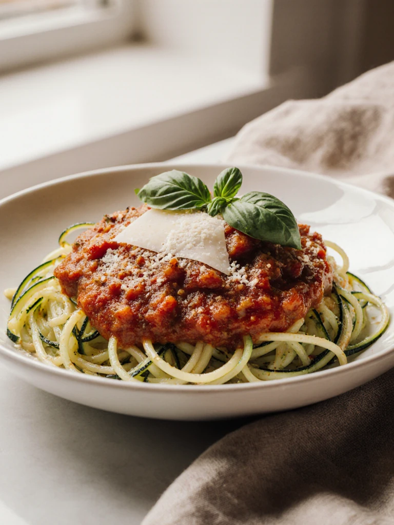 Zucchini noodles with marinara sauce in a white bowl, fresh basil and Parmesan on top