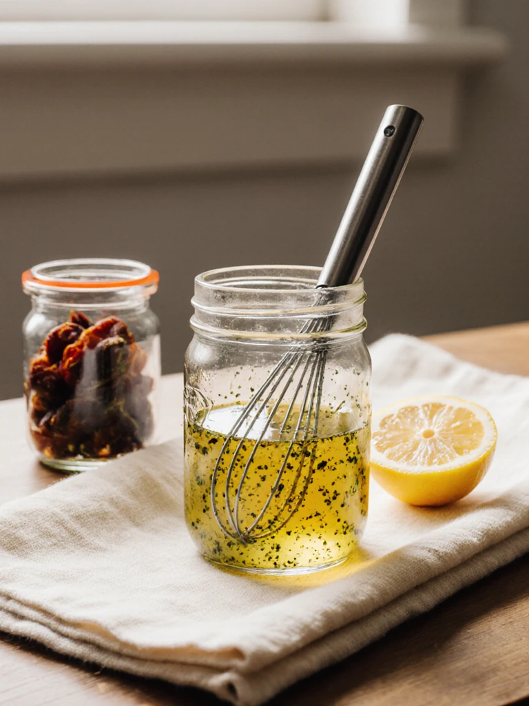 Lemon oregano vinaigrette being whisked in a small glass jar with olive oil, red wine vinegar, and sun-dried tomato oil on a linen cloth