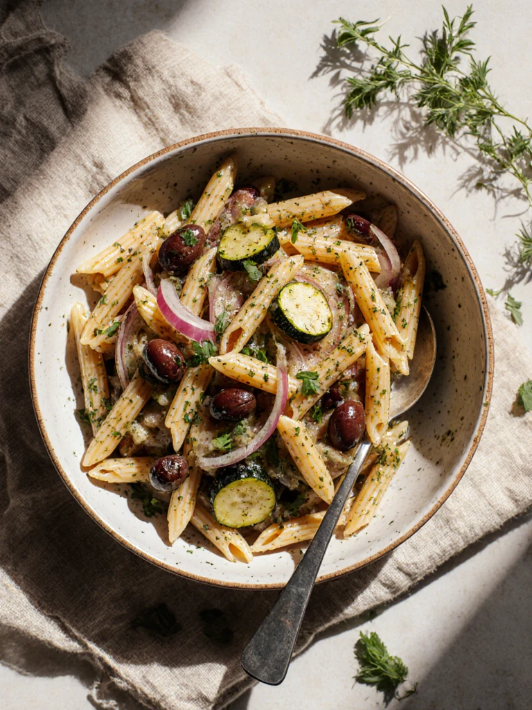 Mediterranean pasta salad with whole wheat penne, Kalamata olives, roasted zucchini, and herb vinaigrette