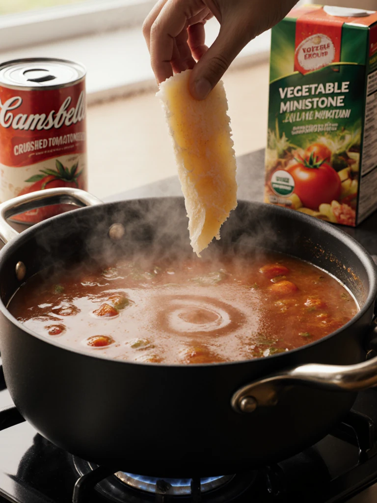 Parmesan rind and canned tomatoes being added to a pot of minestrone broth on a stovetop