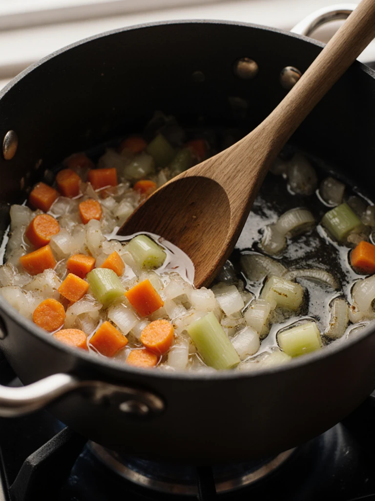 Diced onion, carrot, and celery soffritto sweating in a Dutch oven with olive oil on a stovetop