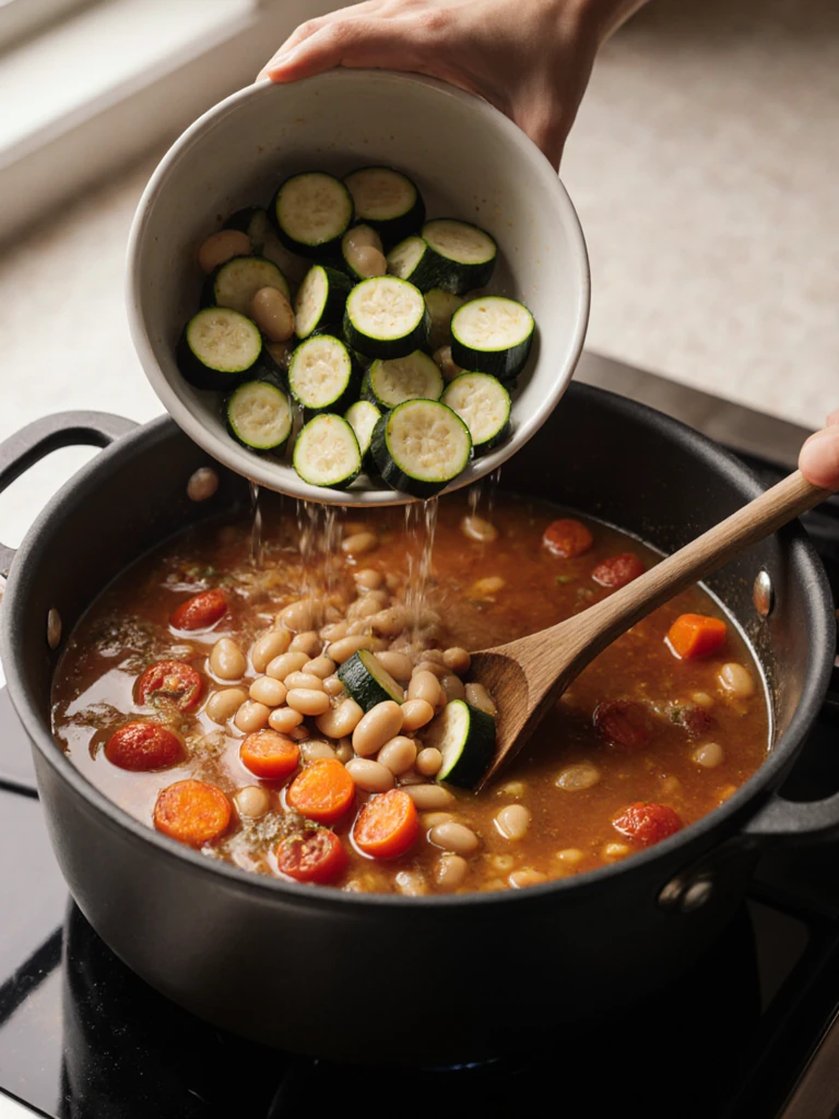 Two-stage vegetable addition with zucchini and cannellini beans being stirred into simmering minestrone soup