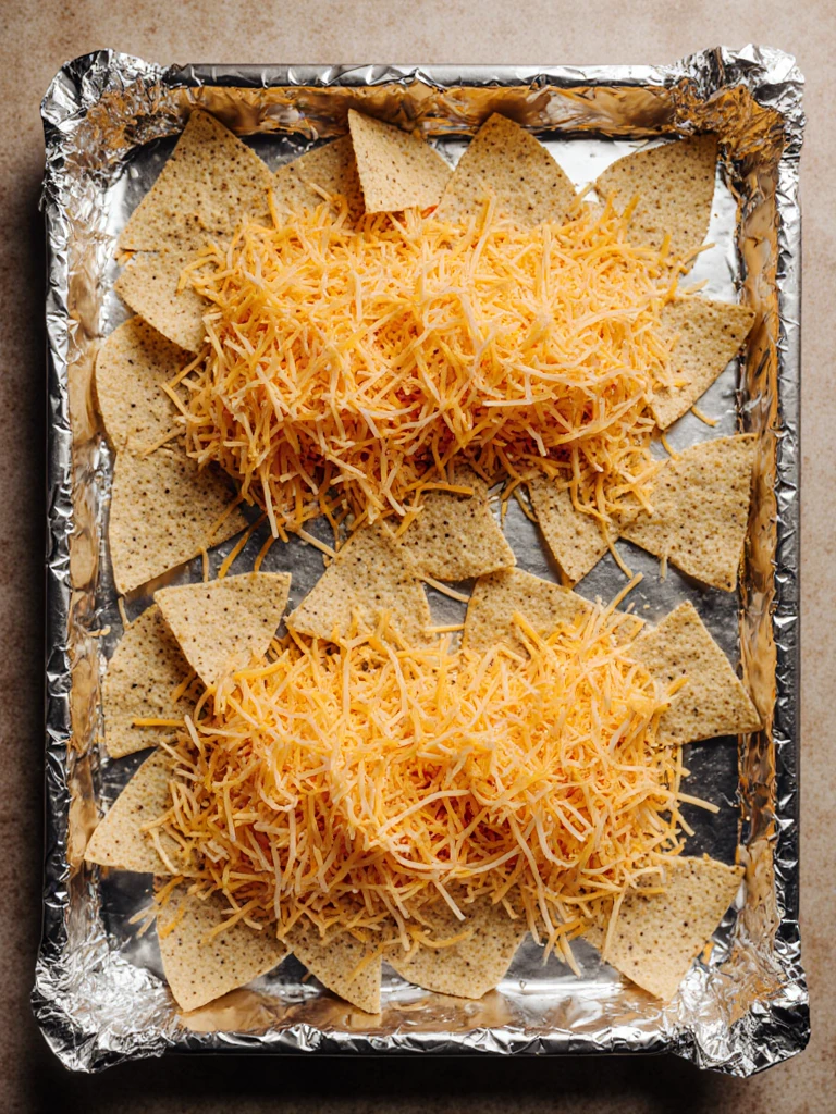 Two layers of tortilla chips and shredded cheese on a sheet pan before baking, overhead shot