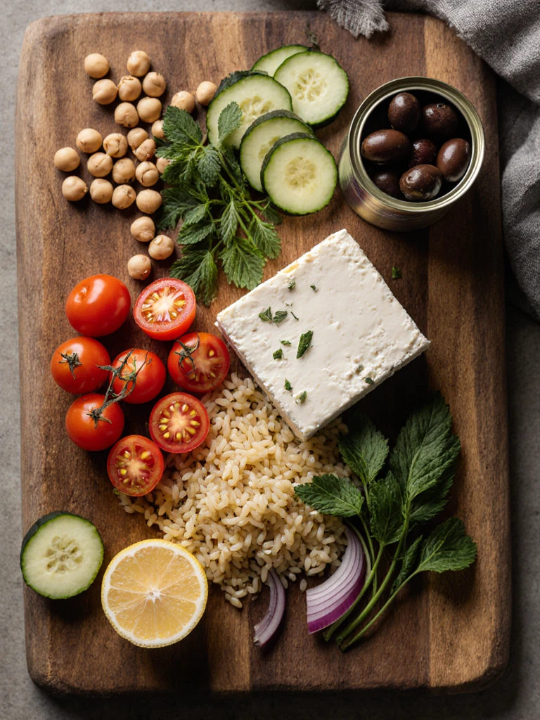 Orzo pasta salad ingredients laid out on a cutting board with cherry tomatoes, cucumber, feta, olives, chickpeas, and fresh herbs