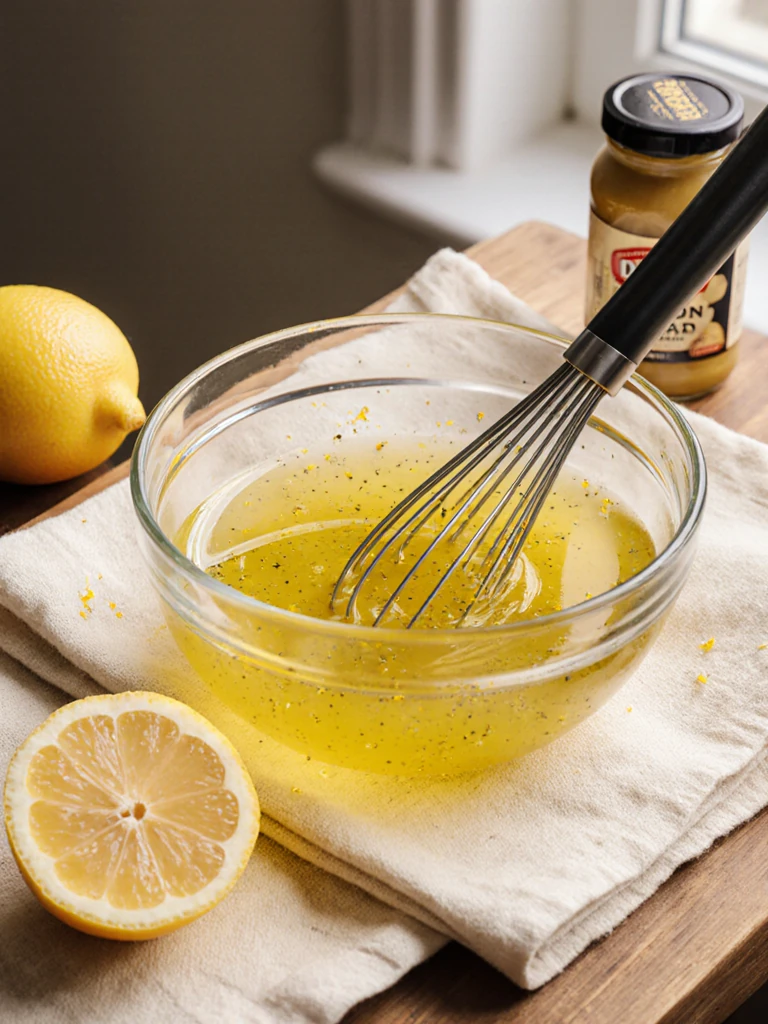 Lemon vinaigrette being whisked in a small glass bowl with olive oil, lemon zest, and Dijon mustard on a linen cloth