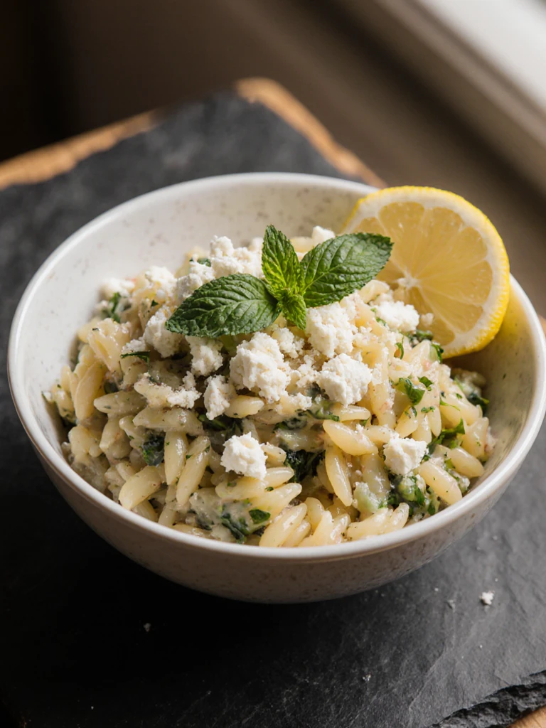 Close-up of orzo pasta salad in a shallow bowl garnished with crumbled feta, fresh mint leaves, and a lemon wedge on a slate surface