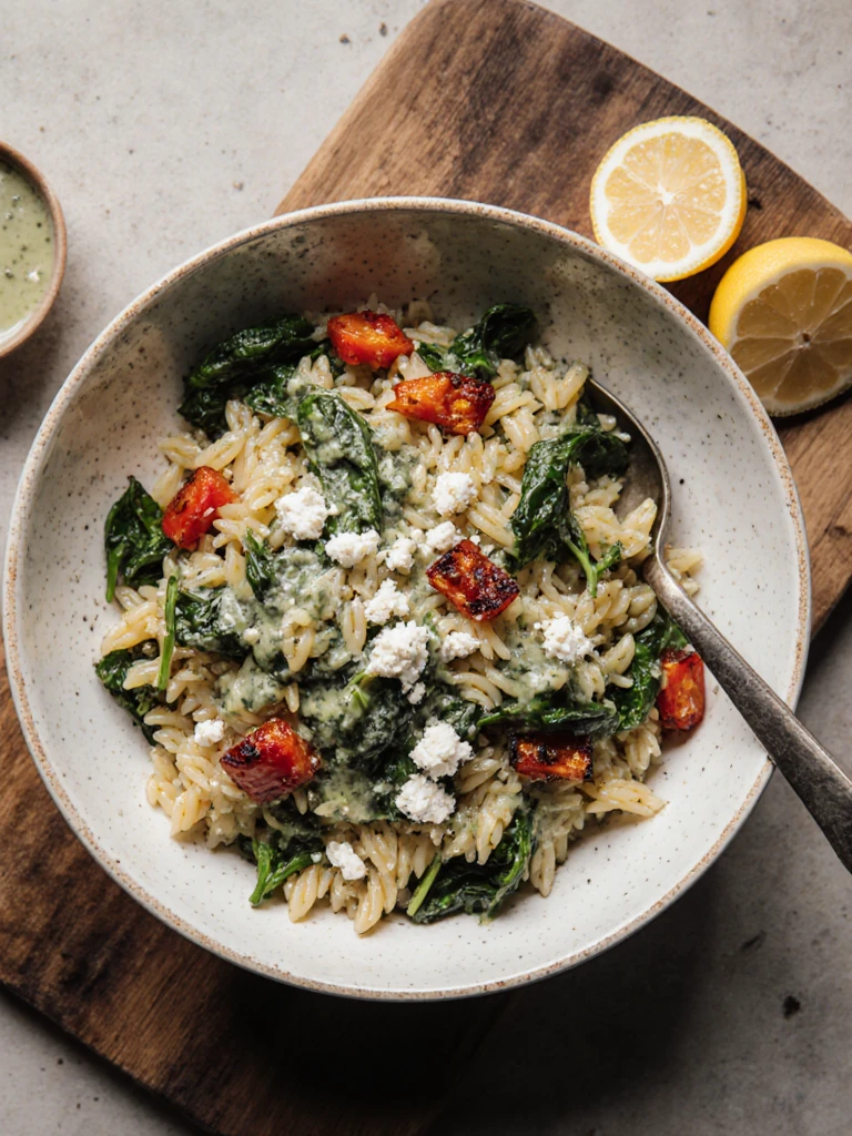 Orzo pasta salad with roasted red peppers, spinach, feta, and lemon herb dressing in a wide serving bowl