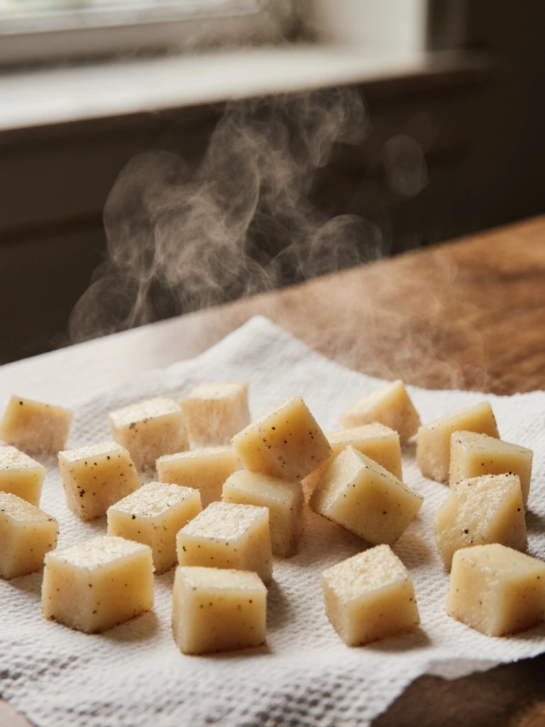 Parboiled diced potatoes patted dry on paper towels before going into the skillet, overhead close-up