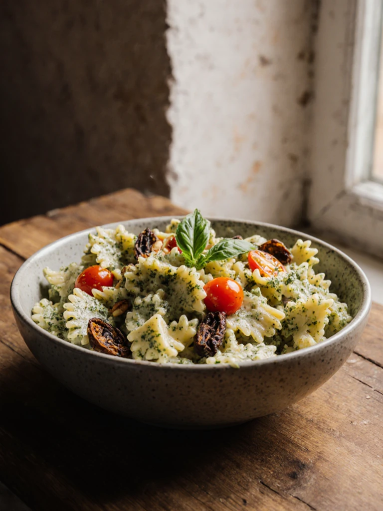 Creamy pesto pasta salad with farfalle, sun-dried tomatoes, pine nuts, and fresh basil in a ceramic bowl