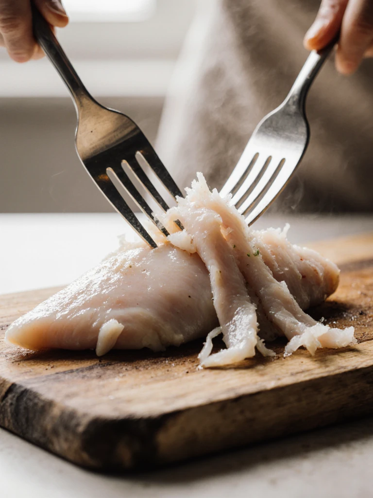 Poached chicken breast being shredded into thin strips with two forks on a wooden cutting board