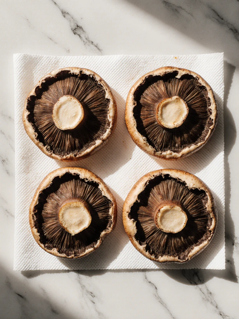 Large portobello mushroom caps gill-side up on paper towels after cleaning, gills scraped clean, stems removed