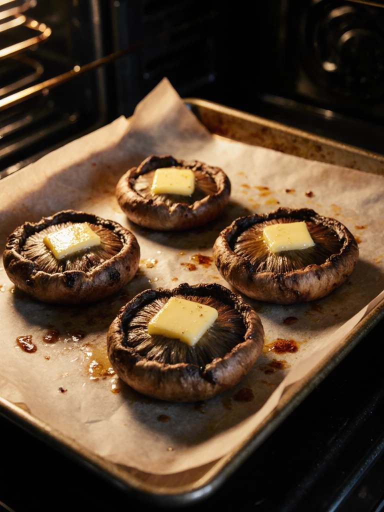 Portobello mushroom caps brushed with garlic butter and roasting gill-side down on a parchment-lined sheet pan
